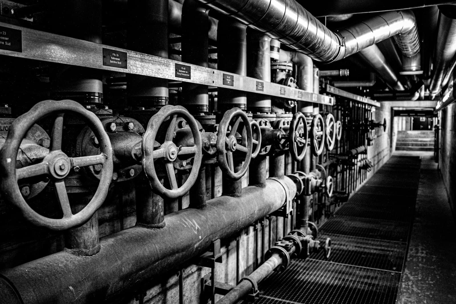 Large-diameter water manifold with valve handwheels in a plant corridor